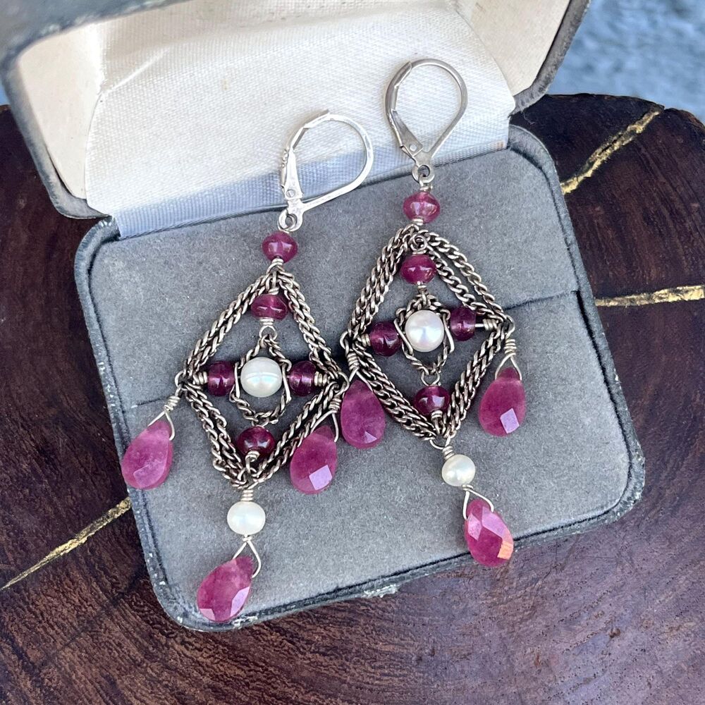 Vintage Chain dangle Earrings Pearl and Crystal Sterling silver bohemian jewelry